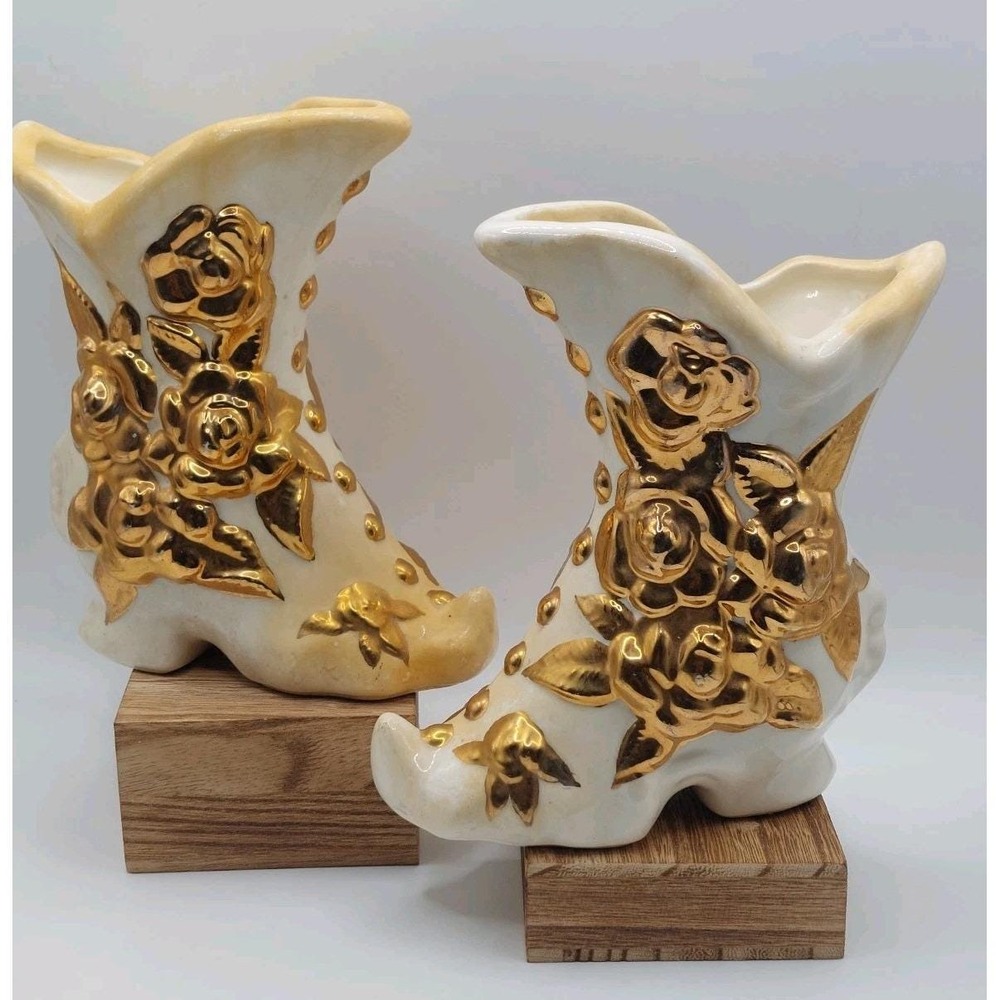 Vintage White Gold Ceramic Boot Planter Pair Rose Floral Shabby Chic Victorian